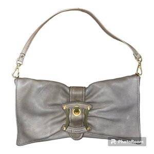 VINTAGE B MAKOWSKY Tan Leather Gold Buckle Bow Clutch Shoulder Purse